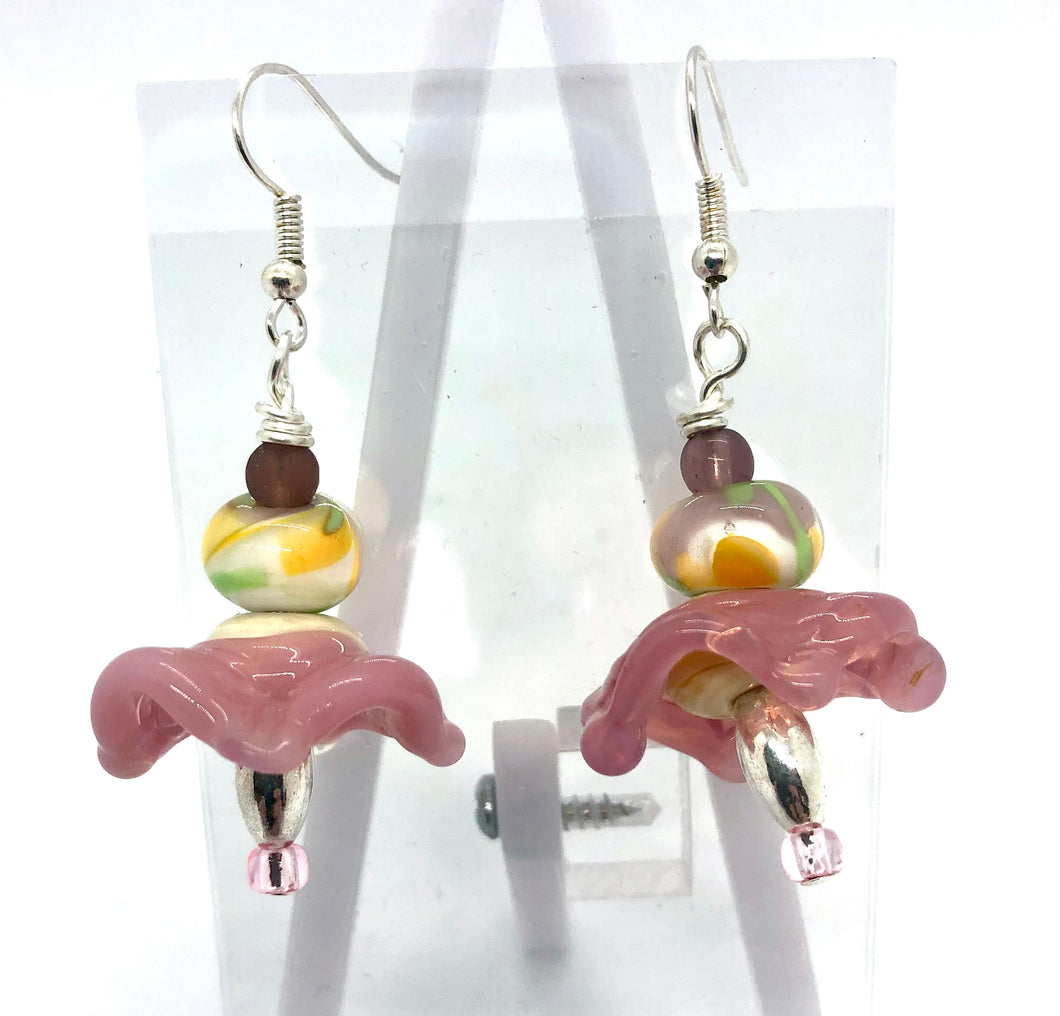 Lampwork Glass Bead Earrings - pink floral