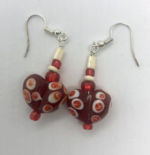 Load image into Gallery viewer, Lampwork Glass Bead Heart Earrings - Red and Ivory

