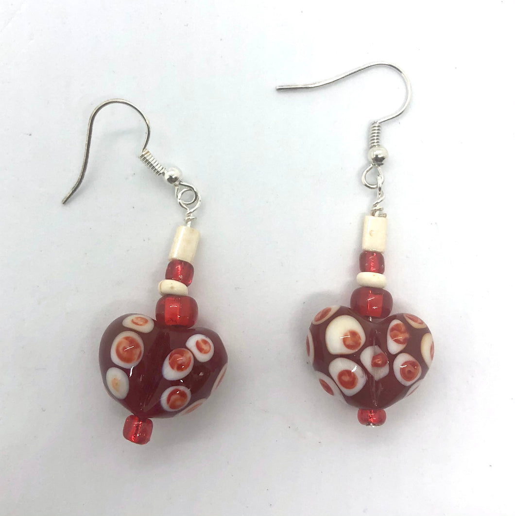 Lampwork Glass Bead Heart Earrings - Red and Ivory