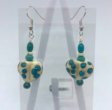 Load image into Gallery viewer, Lampwork Glass Bead Heart Earrings - Ivory and teal
