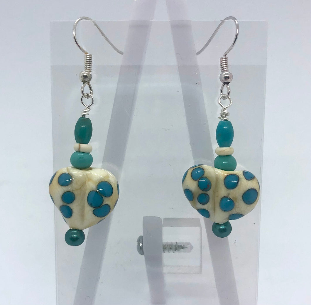 Lampwork Glass Bead Heart Earrings - Ivory and teal