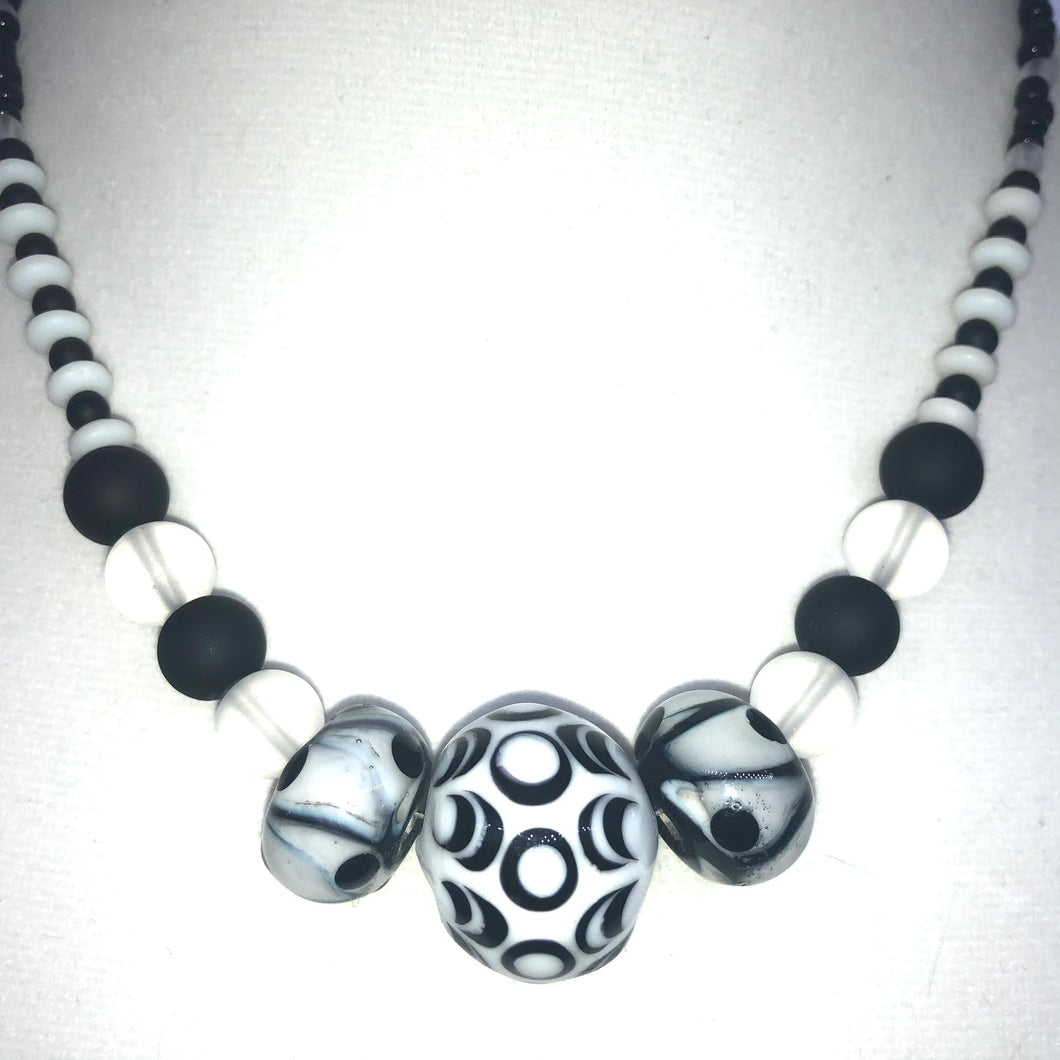White and Black Lampwork Glass Bead Necklace
